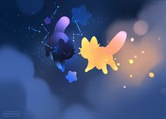 an animated cat flying through the air with stars and clouds in the sky behind it