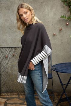 Mixed stripe poncho style sweater. Quarter length sleeves, medium weight   100% Polyester  Size information: Model height 5'9", wearing size Small. Poncho Style, Style Sweater, Poncho Sweater, Cozy Sweaters, Model Height, Stripe Sweater, Medium Weight, Sweater Sizes