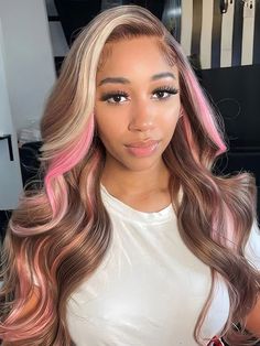 Product Details Hair Detail Transparent 13x4 lace Frontal wig Cap size 22.5 with adjustable straps and clips Wig length 8 10 12 14 16 18 20 22 24 26 28 30 inch Hair Material 100% human unprocessed hair Parting Natural part in any direction Hair Texture Straight Density 180% 200% 250% Note: 1. This is A Customized Product. Processing Time is 3-7 Working Days 2. Accept customized order, email us your need, cap size, color etc. Pink Balayage Brown Skunk Stripe Color Barbie Vibe! The balayage is uni Pink Highlights In Brown Hair, Custom Color Wigs, Balayage On Brown Hair, Brown Hair Wigs, Pink Balayage, Natural Hairstyle, Exotic Dance, Blonde With Pink, Hair Patterns