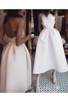 Puffy Prom Dresses, Backless Prom Dress, Satin Party Dress, Tea Length Prom Dress, Dress Spaghetti Straps, Prom Dresses With Pockets, Spaghetti Strap Prom Dress, Elegant Prom Dresses, White Prom Dress