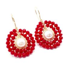 Beautiful and cute Earrings romantic and very feminine Red & Pink And gold jewelry Crystal stones. Perfect for weddings and special occasions. These Pearl and crystal stone earrings are spectacularly adorable, they are uniquely elaborated strictly with high quality standards, detailed by hand we take the time to make each piece of jewelry with good and delicate finishes for these earrings are used in gold filled and Also, a heartfelt heartbeat that makes the unique touch we recommend these g Red Round Pearl Drop Earrings, Red Pearl Drop Round Earrings, Red Pearl Drop Earrings As Gift, Red Drop Pearl Earrings For Gift, Red Pearl Drop Earrings For Gift, Red Dangle Pearl Earrings For Jewelry Making, Handmade Red Pearl Earrings, Handmade Red Round Pearl Earrings, Red Pearl Drop Earrings