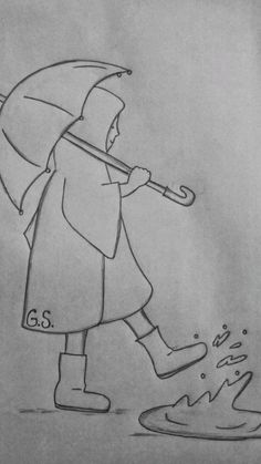 a drawing of a person walking with an umbrella