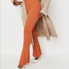 Rub Split Hem Leggings Co Ord Mocha Us Size ( 14 ) X 8 Casual High-cut Leg Pants For Fall, Orange Full Length Loungewear Bottoms, Full Length Orange Bottoms For Loungewear, Fitted Orange Ankle-length Pants, Split Hem Leggings, Olive Leggings, Vinyl Leggings, Hem Leggings, Black Leather Leggings