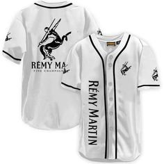 a white baseball jersey with black lettering on the front and back, featuring an image of a