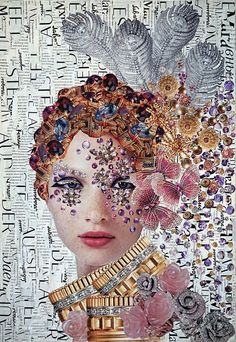 a woman's face with flowers and feathers on her head, surrounded by words