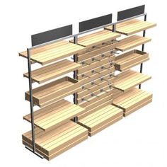 three rows of empty wooden shelves with metal brackets