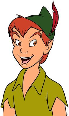 an animated character with red hair wearing a green shirt and feathered hat, smiling at the camera