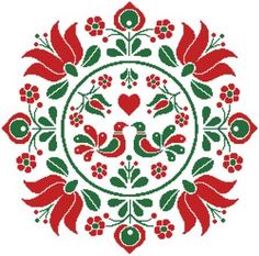 a cross stitch pattern with red flowers and green leaves in the center on a white background