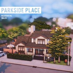 an animated rendering of a house in the middle of a street with trees and bushes around it