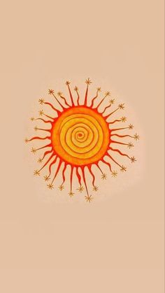 an orange and yellow sun with stars on it's side in the middle of a beige background