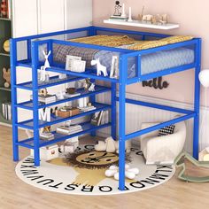 a child's bedroom with a blue bunk bed and bookshelf on the floor