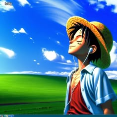 an anime character with headphones in front of a blue sky and green grass field