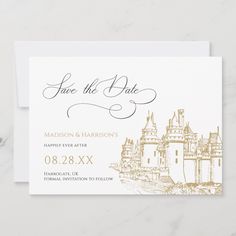 save the date card with an image of a castle in gold foil on white paper