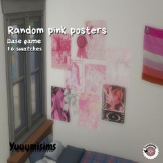 a room with posters on the wall and a bed in front of it that says random pink posters base game & swatches