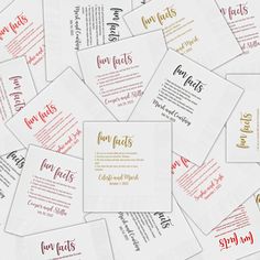 many different types of wedding cards on top of each other with the names of their guests