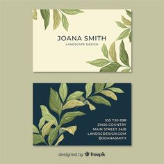 two business cards with green leaves on them