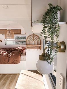 a bedroom with a bed and plants in it