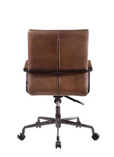 a brown leather office chair with wheels and casteors on an isolated white background, viewed from the front