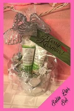 the gift basket is filled with personal care products