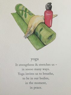 a yoga card with an illustration of a rolled up banana and a bottle of water