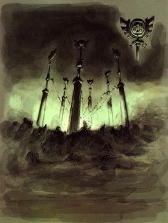 an artistic drawing of some kind of strange structure in the sky with clocks on it