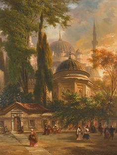 an oil painting of people walking in the park by some trees and buildings with a church in the background