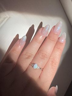 Semi Formal Nail Designs, Engagement Nails Unique, Almond Shaped Sparkly Nails, Light Blue Prom Dress Nails, Prom Nails Simple Elegant, School Dance Nail Ideas, Light Blue Prom Nails Sparkle, Nails To Go With Blue Dress Prom, Nail Inspo Eras Tour