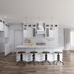 a kitchen with three stools in front of an island