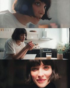 two different pictures of the same woman with chopsticks in her mouth