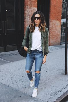 Somewhere, Lately: Weekend Style. Army green jacket White Sneakers Outfit, Fashion College, Spring Summer Fashion Trends, Athleisure Trend, Army Green Jacket, Teenage Fashion, Trending Fashion Outfits, Summer Fashion Trends, Weekend Style