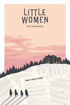 the poster for little women is shown with people walking through an open field and houses in the background