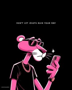 a pink rat holding a cell phone in its hand and wearing sunglasses on it's head