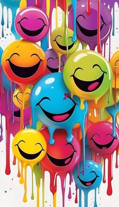 colorful smiley face balloons floating in the air with dripping paint on them and smiling faces