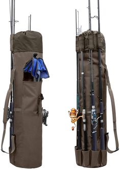 two large fishing rods are in the back and on the inside of a canvas bag