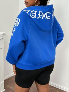 Plus Size Casual Women Letter Graphic Raglan Sleeve Zip-Up Hooded Sweatshirt Jacket Blue Casual  Long Sleeve Knitted Fabric Letter  Slight Stretch  Women Plus Clothing, size features are:Bust: ,Length: ,Sleeve Length: Casual Hooded Jacket With Letter Print, Casual Long Sleeve Hooded Jacket With Letter Print, Oversized Hoodie Outerwear With Letter Print, Spring Hoodie Jacket With Letter Print, Sporty Long Sleeve Hooded Jacket With Letter Print, Spring Hoodie With Letter Print, Sporty Hooded Jacket With Letter Print, Sporty Oversized Hooded Jacket With Letter Print, Spring Hooded Jacket With Letter Print