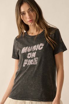 Music on Fire Vintage-Wash Graphic Tee - ShopPromesa Fire Text, Text Print, Vintage Canvas, On Fire, Round Neckline, Vintage Style, Graphic T Shirt, Tops Designs, Graphic Tees