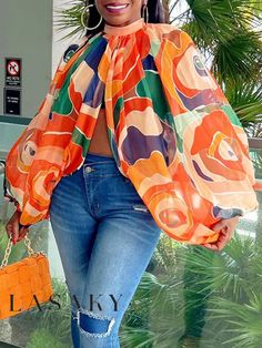 Lasaky - Exquisite Floral Patterned Relaxed Fit Vacation Shirt with Stand Collar Plus Size Hawaii Outfits, Plus Size Hawaii, Stand Collar Shirt, Turtleneck T Shirt, Backless Top, Cold Shoulder Long Sleeve, Chiffon Long Sleeve, Elegant Shirt, Turtle Neck Top