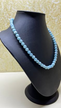 Blue Single Strand Round Pearl Necklace, Blue Single Strand Pearl Necklace, Hand-strung Pearl Necklace With Round Beads As A Gift, Blue Pearl Necklace With Spacer Beads For Gift, Adjustable Pearl Necklace With Gemstone Beads, Adjustable Round Pearl Necklace With Gemstone Beads, Beaded Beads, Aquamarine Necklace, March Birthstone