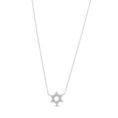 This Diamond Star Of David Pendant is 16 inches long and features diamonds totaling approximately 0.06 carats. Star-shaped Diamond White Necklace With Single Cut Diamonds, Elegant Star Diamond Necklace With Diamond Accents, Elegant Star-shaped Diamond Necklace With Accents, Diamond Star Charm Pendant Necklace, Star-shaped Diamond Necklace With Single Cut Diamonds, Star Shaped Diamond Necklace With Single Cut Diamonds, Silver Star Of David Necklace For Formal Occasions, Formal Silver Star Of David Necklace, Dazzling Star-shaped White Gold Necklace