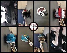 several different helmets are shown on display in this collage with the name cecyc