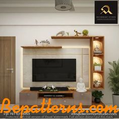 a living room with an entertainment center and potted plants