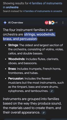 an image of the back side of a cell phone with text that reads,'the four instrument families in an orchestra are strings woodwinds and percussion '