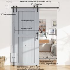 an image of a door with measurements for the width and opening to each room in it