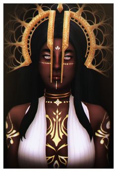 an image of a woman with gold jewelry and headpieces on her face, in front of a black background