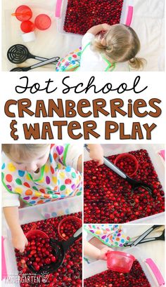 a collage of photos showing how to make cranberrys and water play