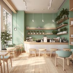 the interior of a coffee shop with green walls and wooden tables, potted plants on shelves