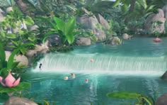 an animated waterfall with people swimming in it