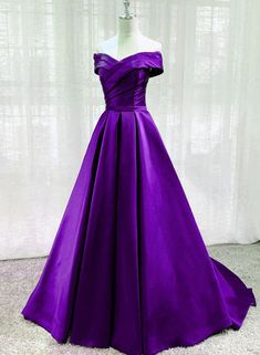 Off Shoulder Purple Prom Dress, Prom Dresses Purple And Blue, Purple Silk Ball Gown, Purple Off The Shoulder Prom Dress, Satin Dresses Purple, Purple Satin Gown, Royal Purple Prom Dress Long, Dark Purple Dresses Prom, Purple Gowns Elegant