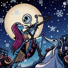 a skeleton riding on the back of a horse in front of a full moon with snowflakes