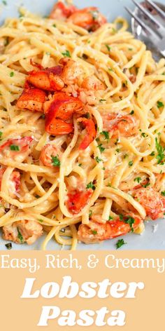 pasta with lobster and cream sauce in a white bowl